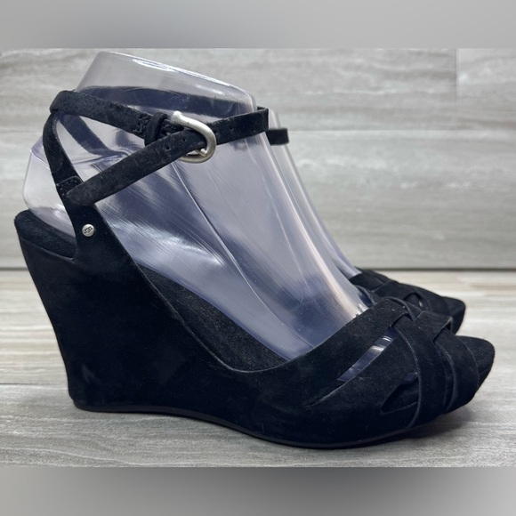 UGG Strappy Black Velvet Suede Wedge Heels Womens Size 7 - Picture 1 of 11
